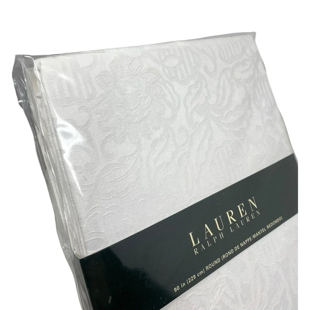 Lauren Ralph Lauren Luxury White Floral Print 90 Inch Tablecloth Tailored Hem